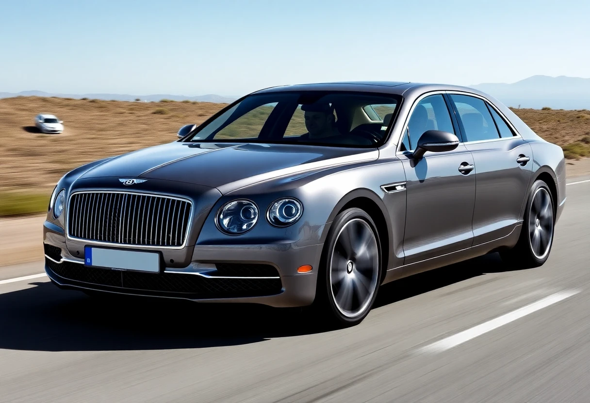 Bentley Flying Spur, berline de luxe grise, vue de 3/4 avant